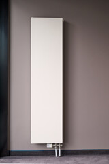 New modern vertical radiator on grey wall