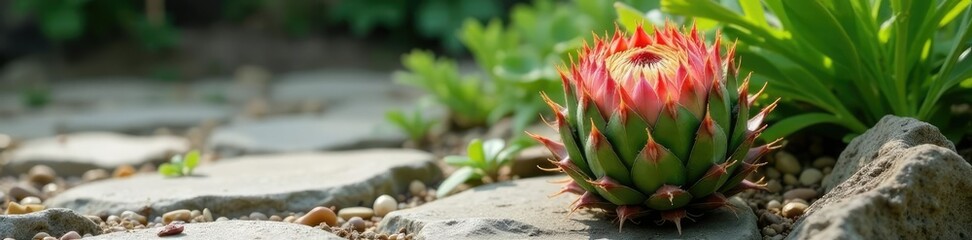 Fototapeta premium Prickly artichoke on uneven stone ground surface, garden, stone