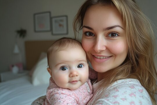 Happy mother making selfie with her cute infant baby daughter, sitting in bedroom at home. Motherhood moments