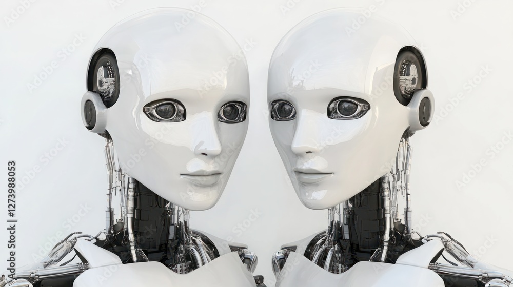 Aufkleber dual humanoid robots with glossy white surfaces and intricate mechanical details showcasing advanced