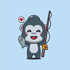 gorilla mascot cartoon character vector illustration catching fish with fishing rod