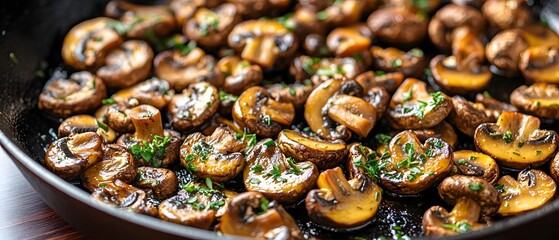 Fototapeta premium Freshness Fungus Gourmet, Sizzling Sauted Mushrooms in a Cast-Iron Skillet with Herbs and Oil