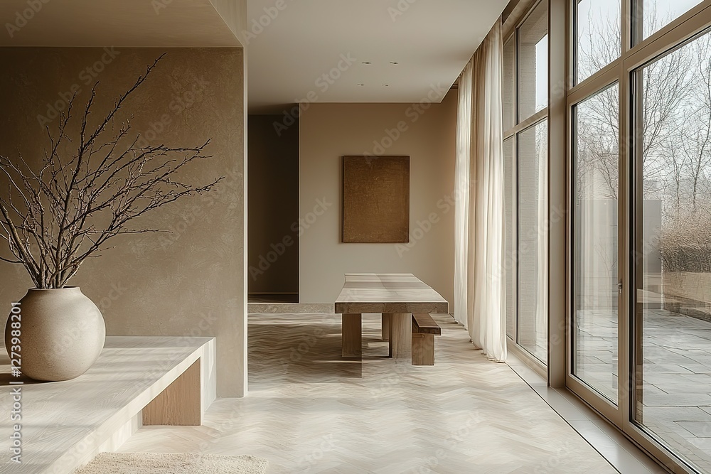 Poster minimalist dining space with neutral tones natural light and a serene atmosphere a balance of modern