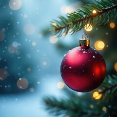 Fototapeta premium Red glass ornament on a branch with twinkling lights, winter wonderland, festive lights, holly