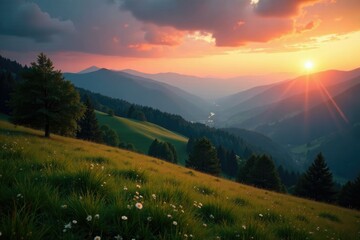 Rolling hills at dusk with trees in warm light, sunsets, mountains, dusk