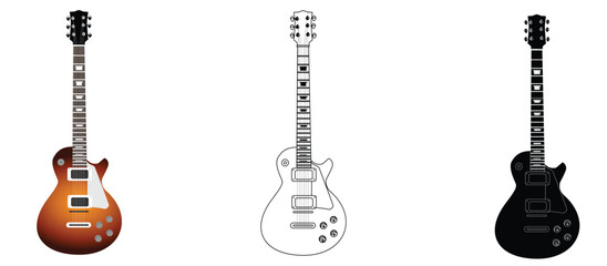 electric guitar icon with three types,colored model,outline type and silhouette type,musical instrument,vector illustration on white background.