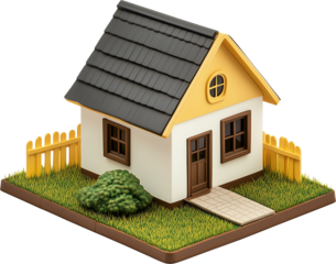 A tiny white house toy model isometric view isolated on transparent background