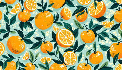 Hand-drawn oranges with playful details and fluid lines creating a seamless pattern for cheerful surfaces