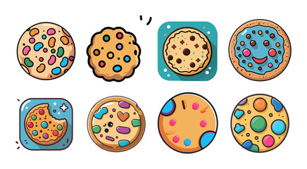 Icons sets collection of colorful, cartoon style cookies with various toppings and designs, including chocolate chips, candy pieces, and icing decorations, set against a white background