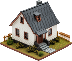 A tiny white house toy model isometric view isolated on transparent background