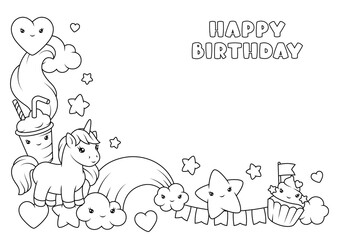 Background with unicorn. Happy birthday party invitation.