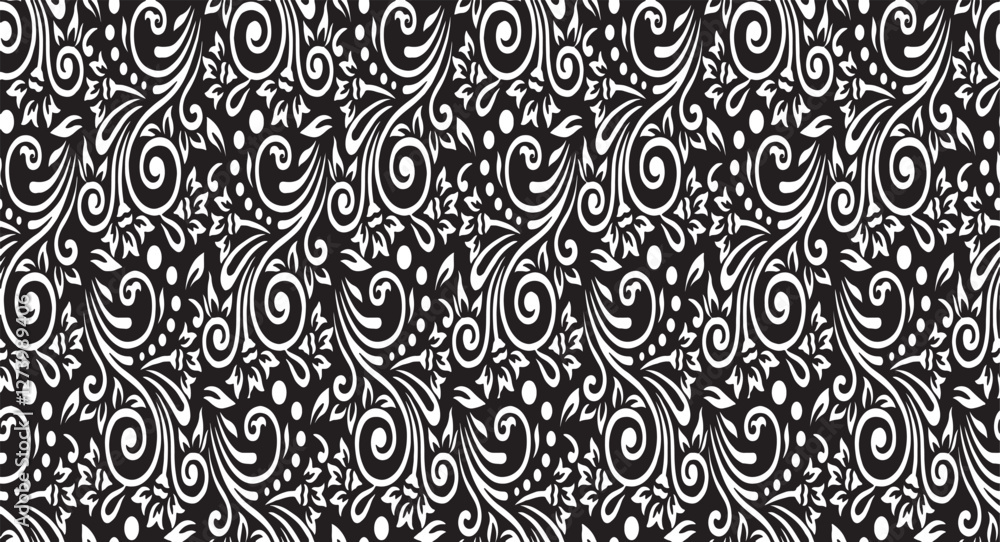 Poster black and white tileable pattern. grunge worn damask pattern design. distressed fabric texture. over