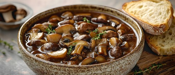 Fototapeta premium Freshness Fungus Gourmet, Warm and Savory Mushroom Stew Served in a Rustic Bowl with Crusty Bread