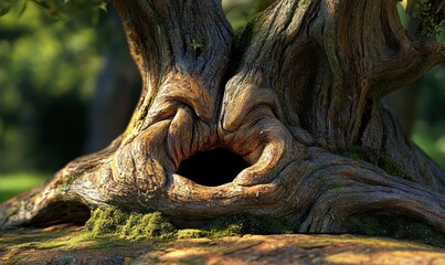 Fototapeta premium A close-up of a gnarled tree trunk with a hollow center, surrounded by lush greenery in a serene forest