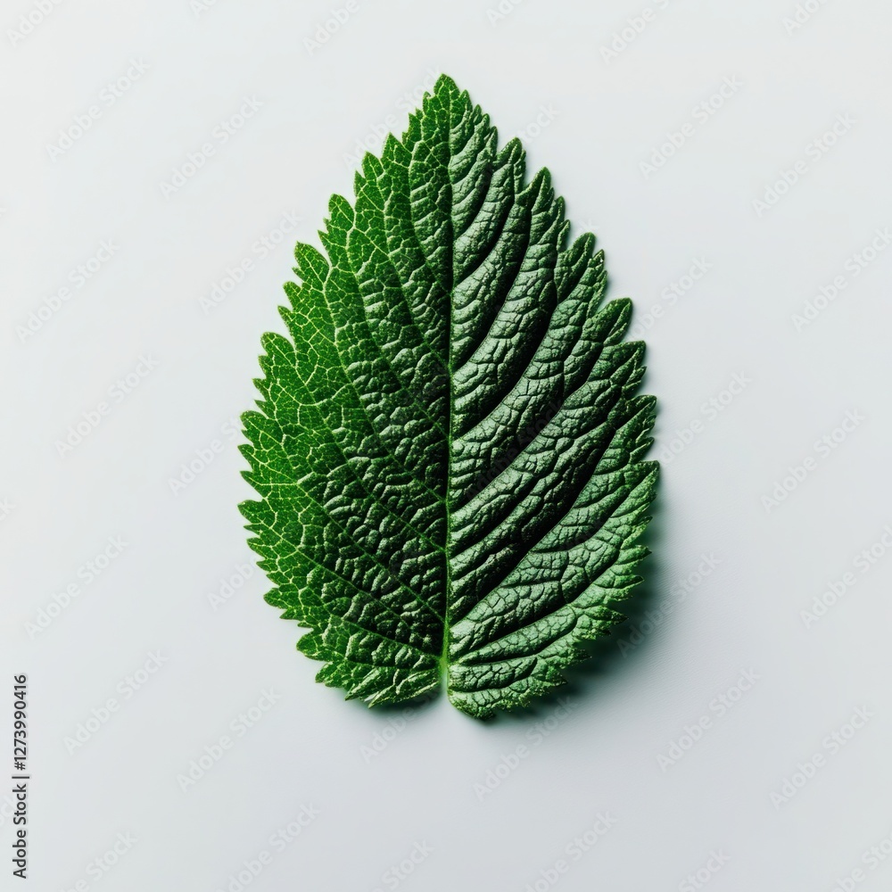 Poster close-up of a single green leaf with textured surface on neutral background capturing the intricacie