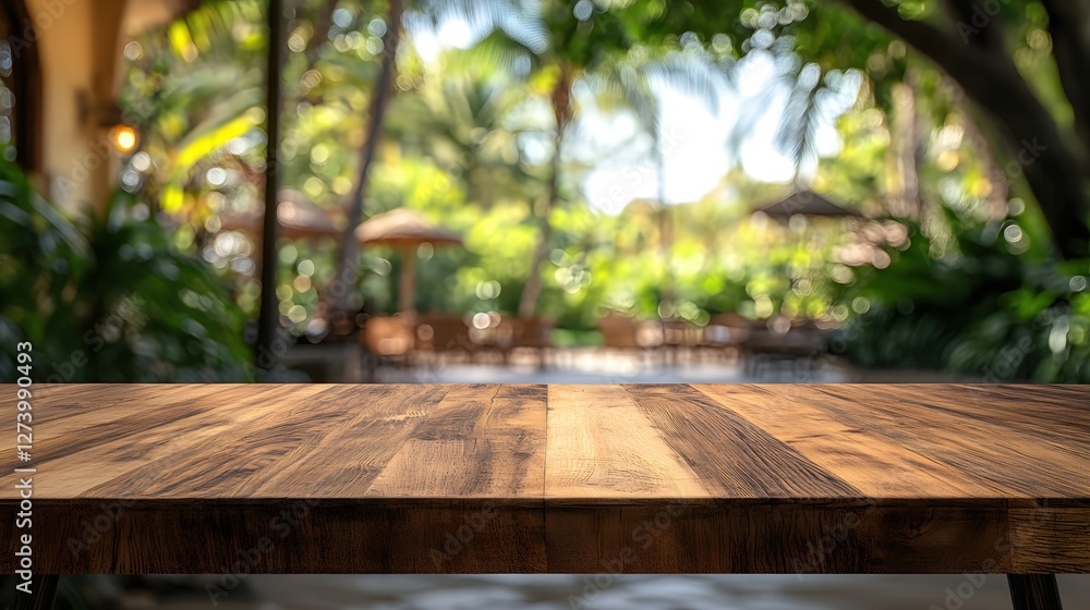 Poster rustic wooden table surface with tropical garden view for product display and presentation