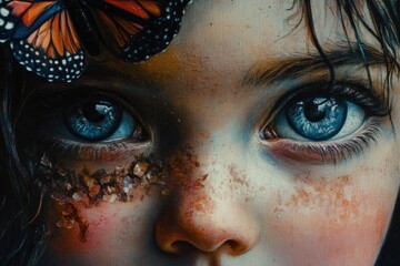 Naklejka premium A Young Girls Face With A Monarch Butterfly