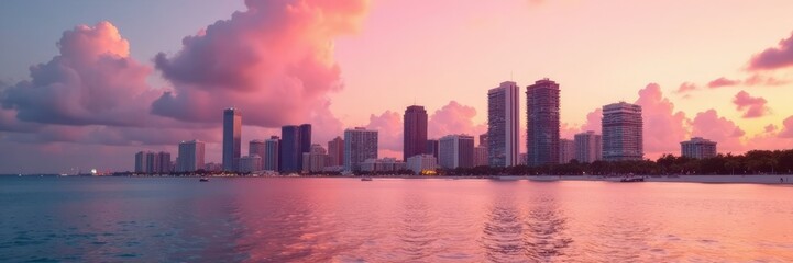 Fototapeta premium Soft pink and peach tones on Miami's skyline at sunset, soft colors, peach, pastel hues
