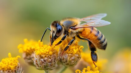 Honeybee pollinating yellow wildflower in botanical garden closeup photography colorful natural environment