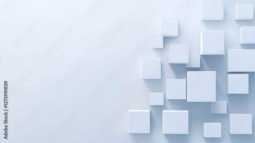 Poster random shifted white cube boxes block the background wallpaper banner. abstract 3d square white tech