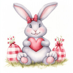 Obraz premium A cute, smiling bunny holds a heart, surrounded by decorative eggs and flowers, embodying a playful and festive spirit.