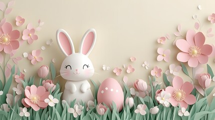 Obraz premium Charming Easter Scene with Cute Bunny Pink Egg and Paper Flowers in a Pastel Color Palette