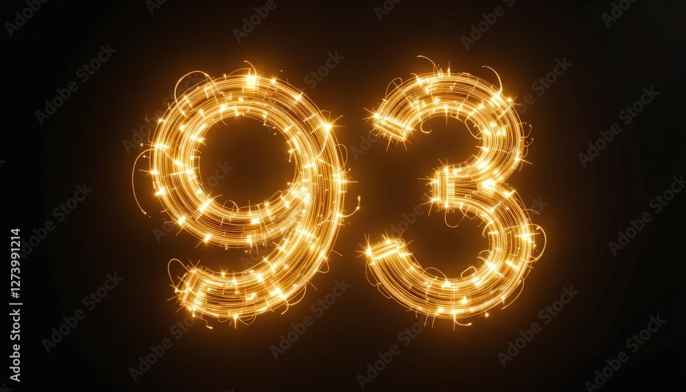 Poster glowing number ninety three sparkler light trails design abstract background