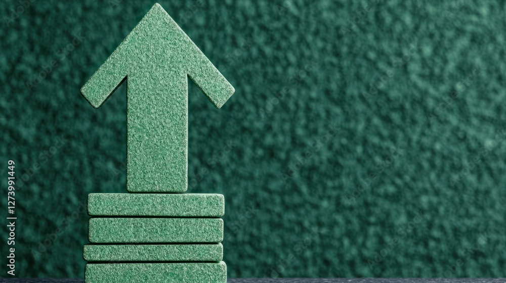 Poster green growth arrow made of foam blocks on textured background symbolizing progress, success, and dev