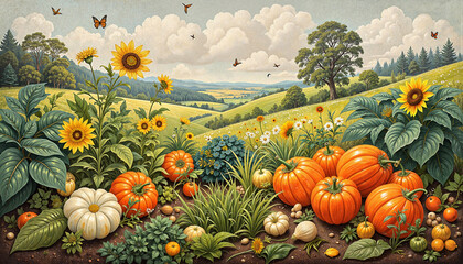 Vibrant harvest scene with pumpkins and sunflowers, farm-to-table concept