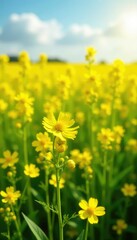 Obraz premium Sunny field of bright yellow rapeseed flowers swaying gently in the breeze, spring, field, wildflowers