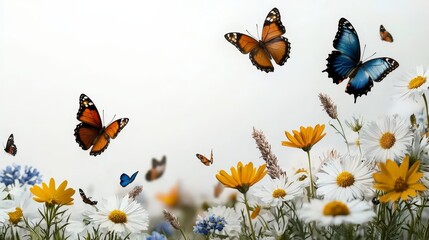 Fototapeta premium Wildflower garden action with butterflies botanical color palette soft focus nature scene outdoor serenity