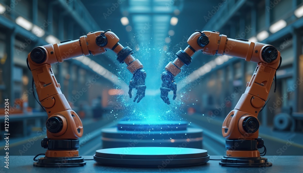 Leinwandbilder illustration of robotic arms creating neural network on podium. virtual reality industrial revolutio
