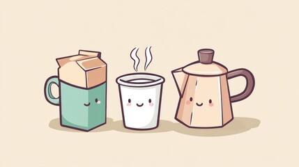 Cute cartoon coffee and milk, simple breakfast scene, vector art, morning light