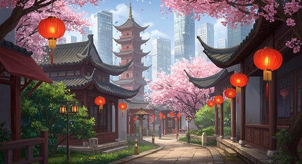 Serene Chinese Street with Red Lanterns and Traditional Architecture - Urban Harmony