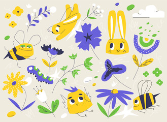 A collection of hand-drawn spring and Easter-themed elements, including rabbits, bees, flowers, butterflies, and a cute chick. Perfect for seasonal designs, cards, invitations, and decorations