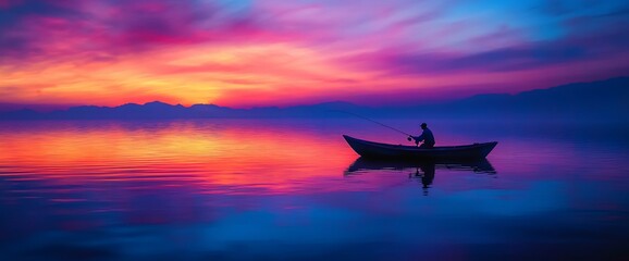 Obraz premium Serene twilight angling, A solitary fisherman amidst vibrant sky hues