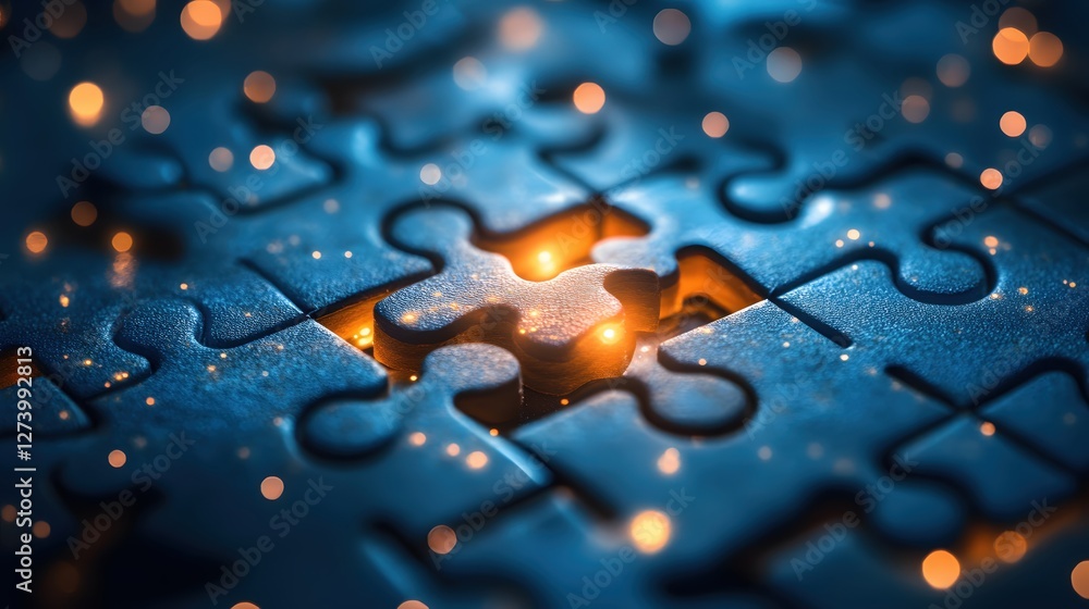 Poster captivating puzzle concept with glowing center piece emphasizing solution and completion