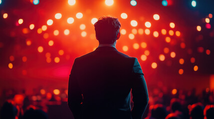 Excited entrepreneur presenting an innovative business idea on stage at a major startup forum