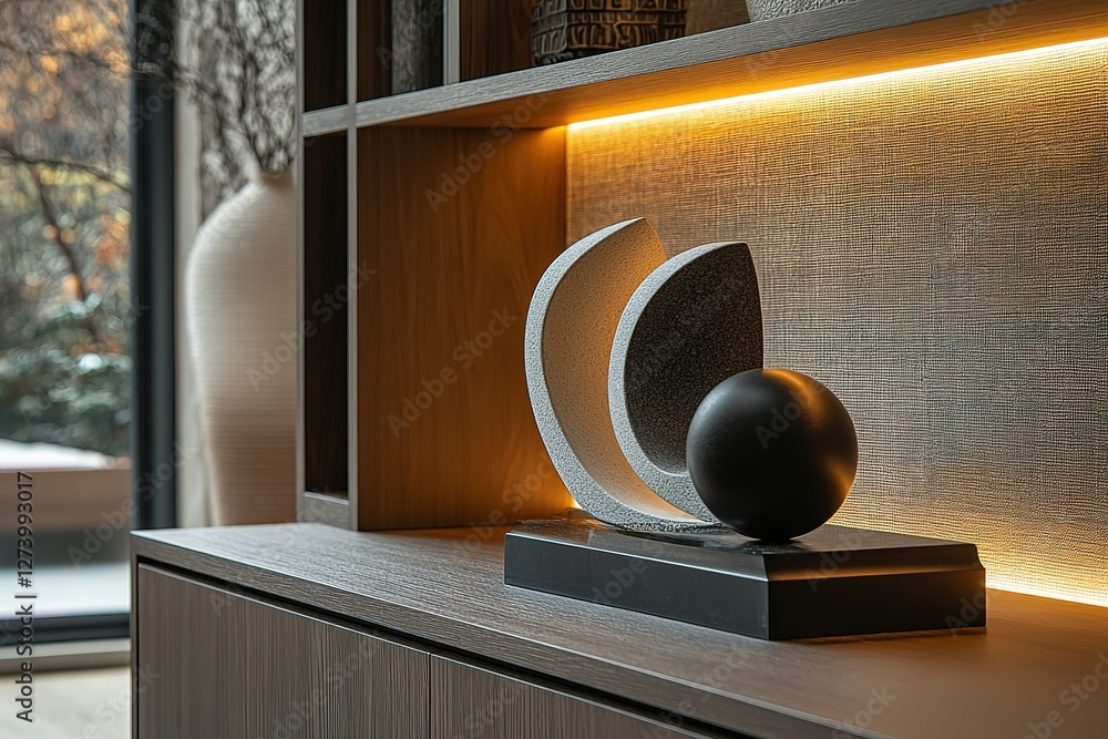 Poster abstract sculpture on a shelf featuring soft lighting and a serene aesthetic creating a sophisticate