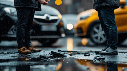 Two drivers discussing car accident in rain, surrounded by damaged vehicles, house and car insurance concepts.