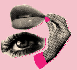 retro halftone style female lips,eye and hand,modern collage elements,cut out from magazine