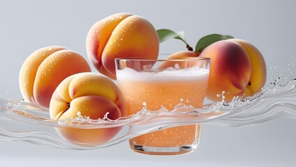 Set of peaches in juice splash.