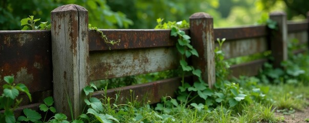 Ancient wooden post leaning against rusty metal fence covered in ivy, garden, metal fence