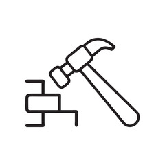 Simple Line Art Illustration of a Hammer Striking a Block, brick hammer icon, logos, vector illustration