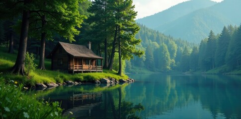 Fototapeta premium Dense foliage surrounding a secluded wooden cabin by a peaceful lake, forest, natural