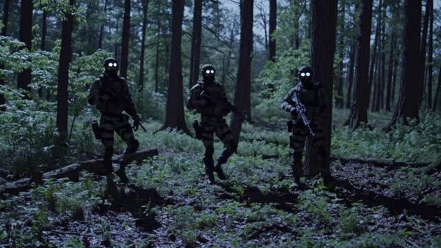 Night vision video of soldiers in a forest, captured from a low angle. The eerie glow of their goggles adds a suspenseful, tactical atmosphere.