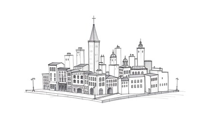 Obraz premium Adorable Hand-Drawn Sketch of a Charming City with Cute Buildings, Streets, and Playful Urban Details