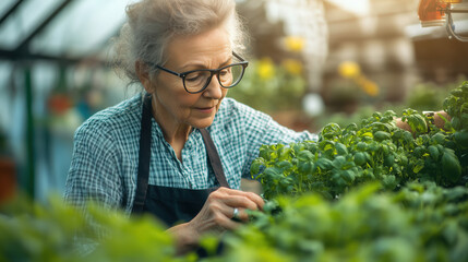 A joyful elderly female entrepreneur in a sunlit greenhouse