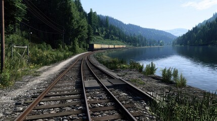 Fototapeta premium Scenic railway track curving along a tranquil lake surrounded by lush mountains and greenery
