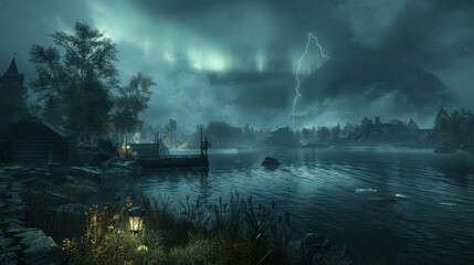 A serene lakeside scene under a dramatic sky with northern lights and lightning.